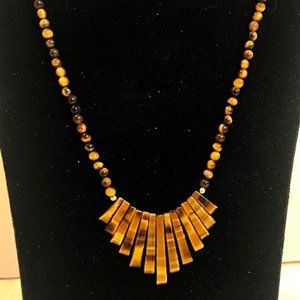 NATURAL TIGER EYE CHOKER GRADUATED FAN SHAPE CENTER - 14KT GOLD FILLIGREE CLASP